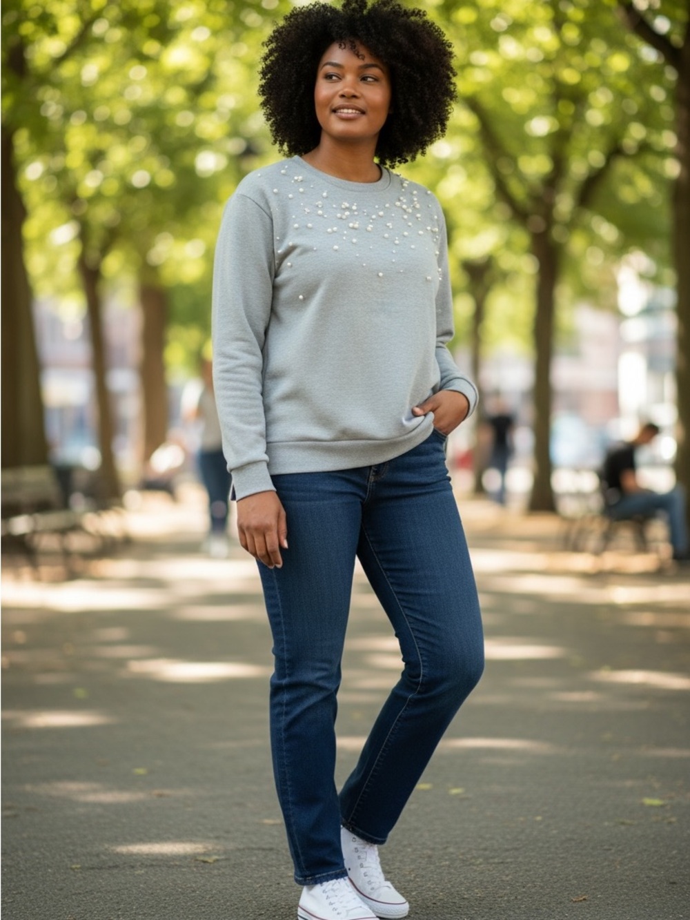 Lane Bryant Sz 14/16 1X Gray Scattered Pearl Embellished Crewneck Sweatshirt